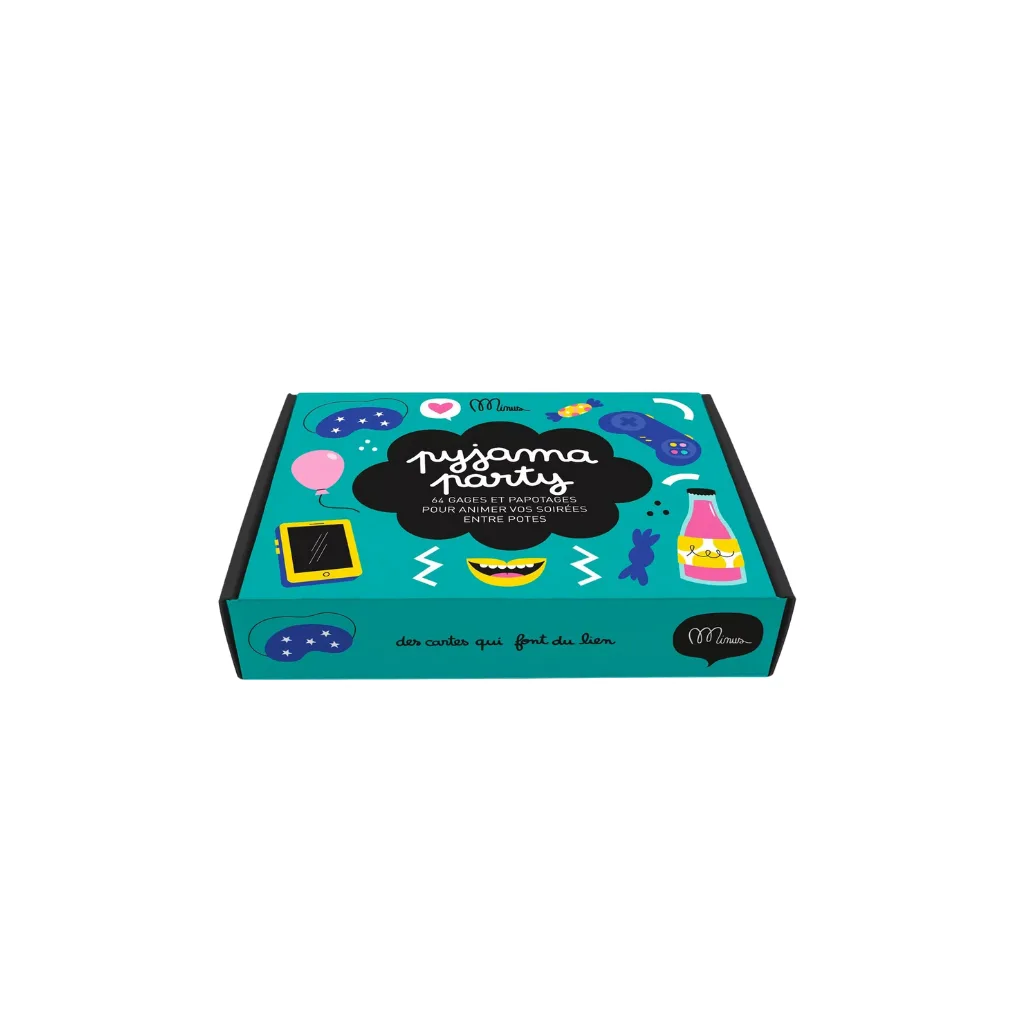 Boîte du kit de discussion PYJAMA PARTY de Minus Editions, coloris noir et turquoise, sur fond clair
