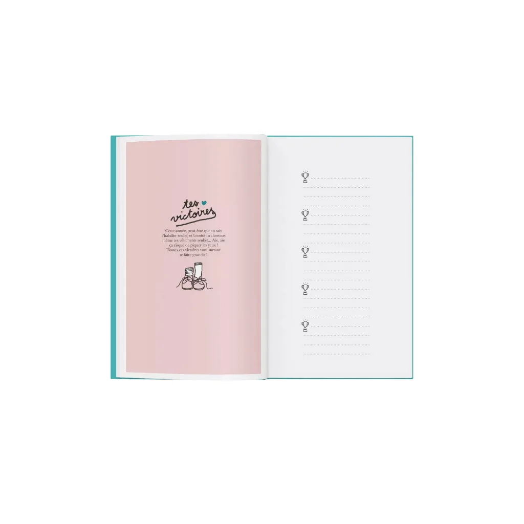 Double page ouverte du livre avec tes victoires à remplir