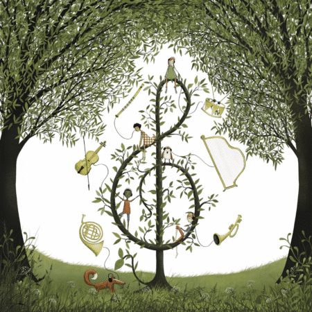 Serviette avec arbre en forme de clé de sol, instruments flottants et deux enfants perchés, sur fond blanc