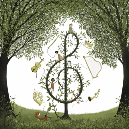 Serviette avec arbre en forme de clé de sol, instruments flottants et deux enfants perchés, sur fond blanc