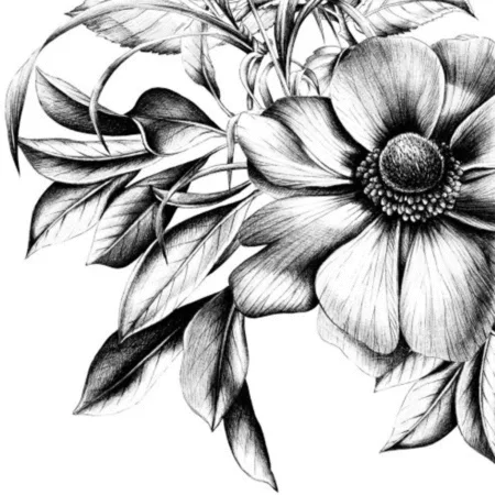 Zoom sur motif floral noir et blanc des serviettes Natasha – design élégant