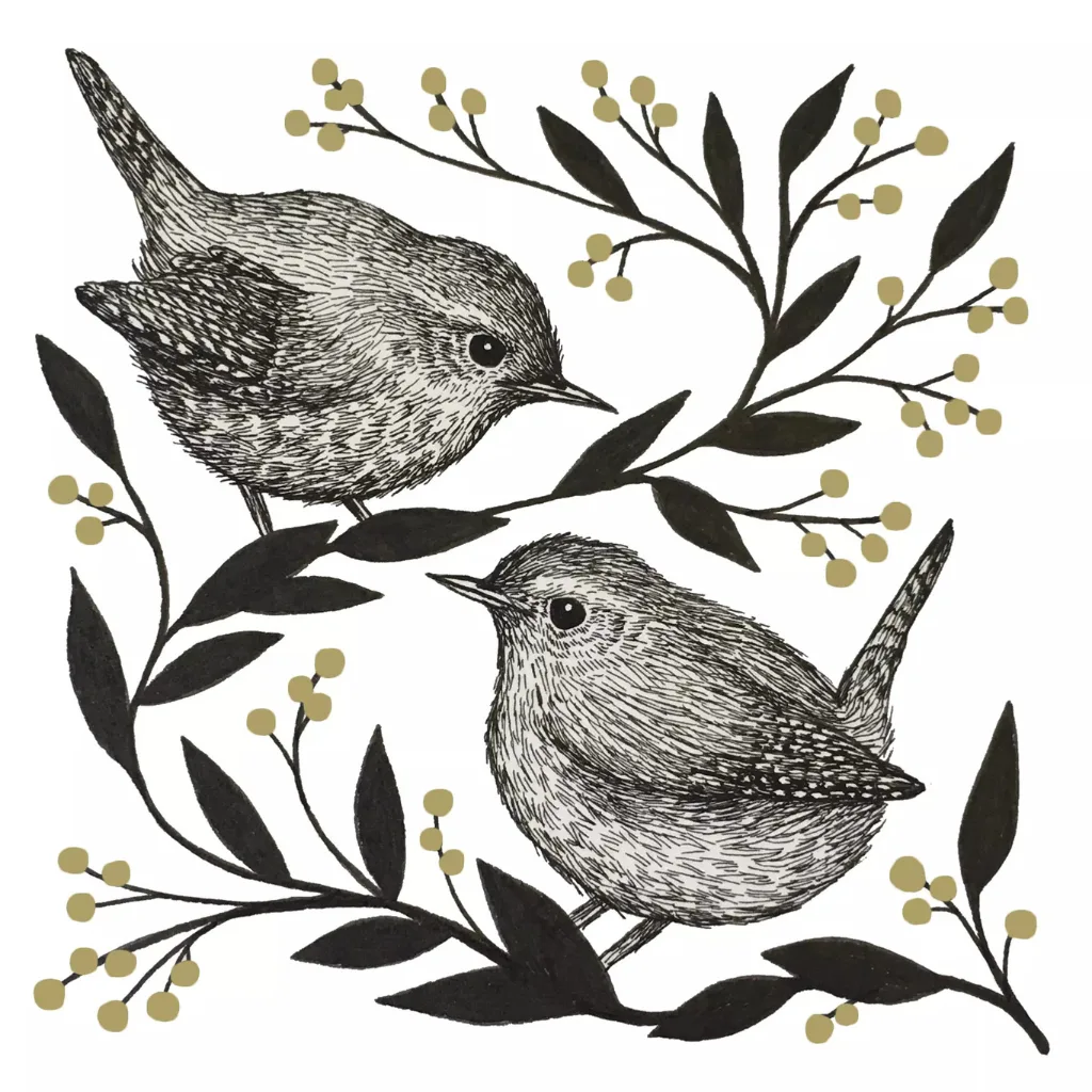Lot de 20 serviettes en papier Nightingale avec motif oiseaux noir & blanc et touches dorées