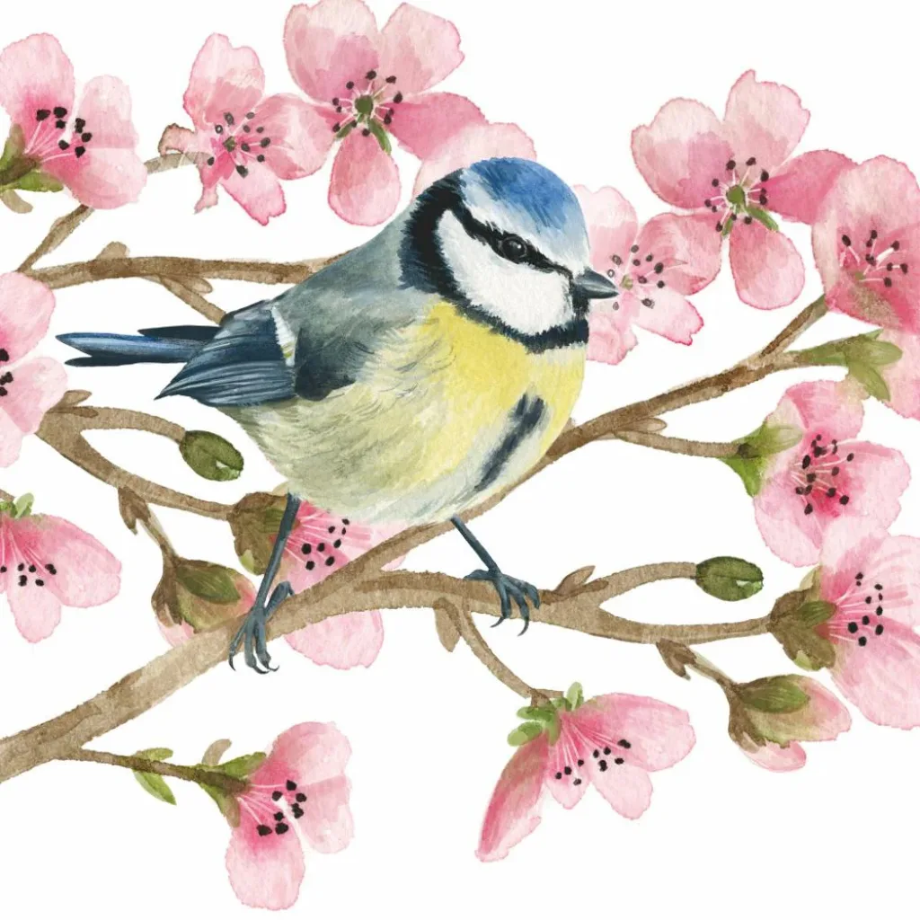 Serviettes en papier Oiseau Printemps avec mésange sur cerisier en fleur en style aquarelle, lot de 20