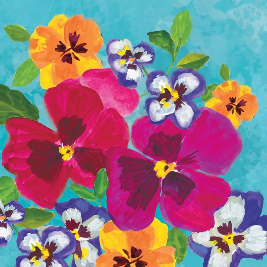 Lot de 20 serviettes en papier Pansy Power avec motif fleurs de pensée sur fond bleu ciel, style peinture