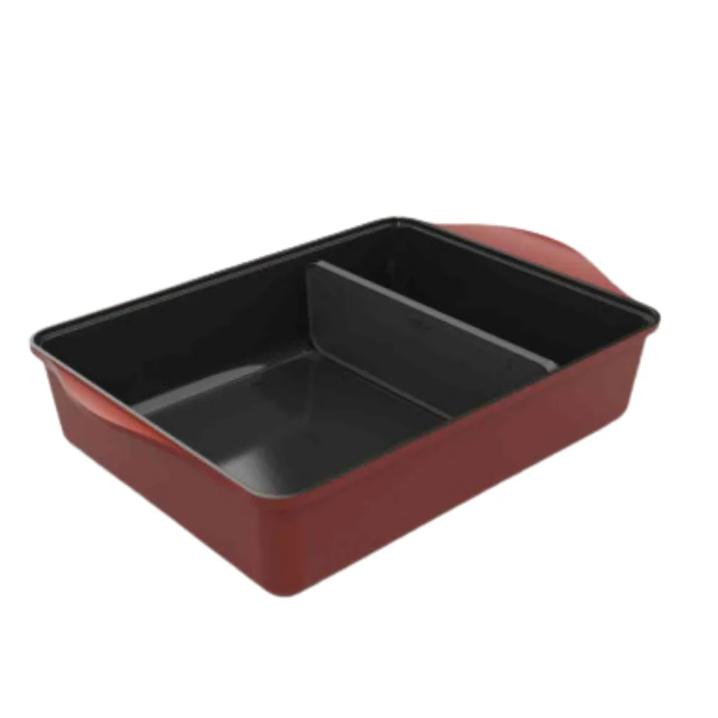 Plat rouge terra cotta Cookut Passion avec séparateur, vue du dessus
