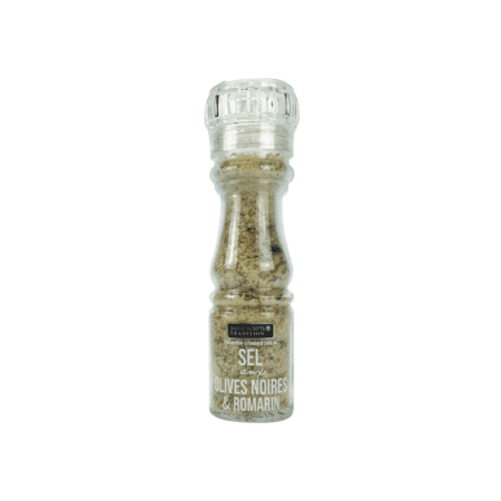 Flacon de 145g de sel aromatisé aux olives noires et romarin – Savor & Sens