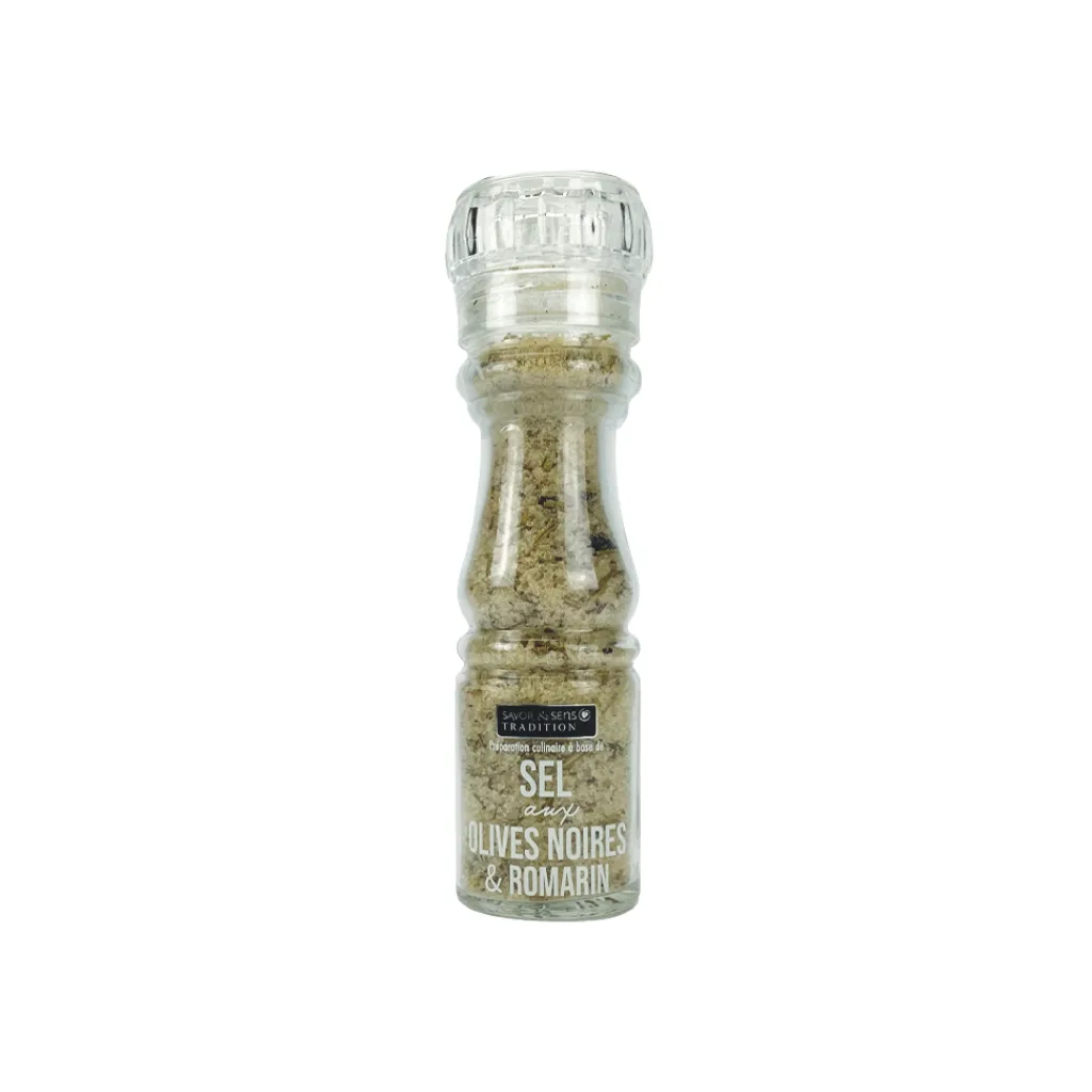 Flacon de 145g de sel aromatisé aux olives noires et romarin – Savor & Sens