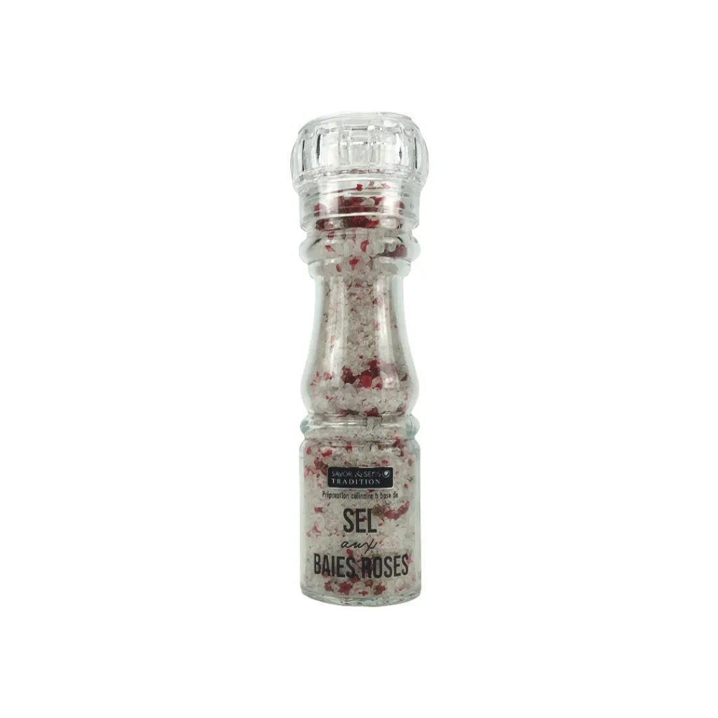 Flacon de 140g de sel de mer et baies roses – mélange gourmet – Savor & Sens