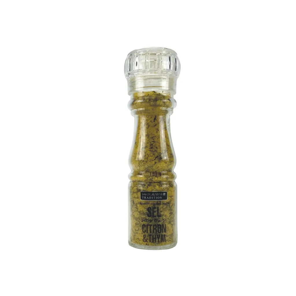 Photo du flacon de 150g de sel de mer aromatisé au citron et thym – Savor & Sens