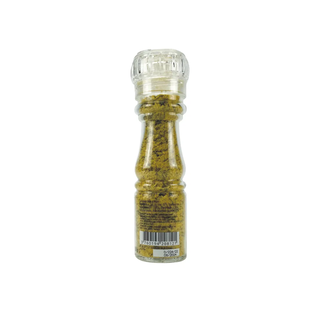 Zoom sur grains de sel citron & thym – mélange aromatisé jaune et vert – Savor & Sens