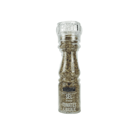 Flacon de 155g de sel de mer avec tomate et basilic séchés – Savor & Sens