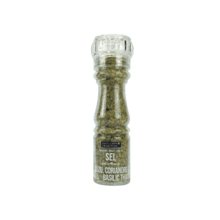 Flacon de sel au yuzu, basilic thaï et matcha – 135g – Savor & Sens