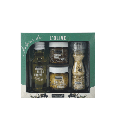 Coffret cadeau Savor & Sens contenant huile, sel, moutarde et olives autour de l’olive