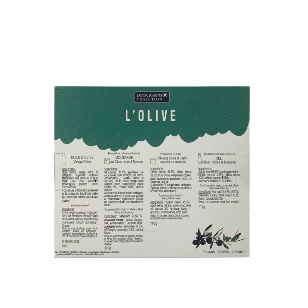 Zoom sur les produits du coffret Autour de l’Olive : huile, olives, moutarde et sel – 4 pièces