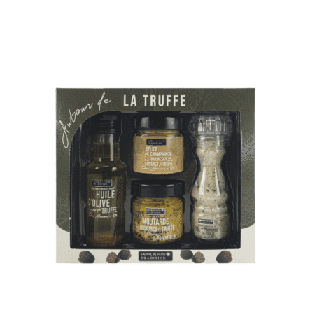 Coffret cadeau Savor & Sens contenant huile, moutarde, délice champignon et sel aux truffes