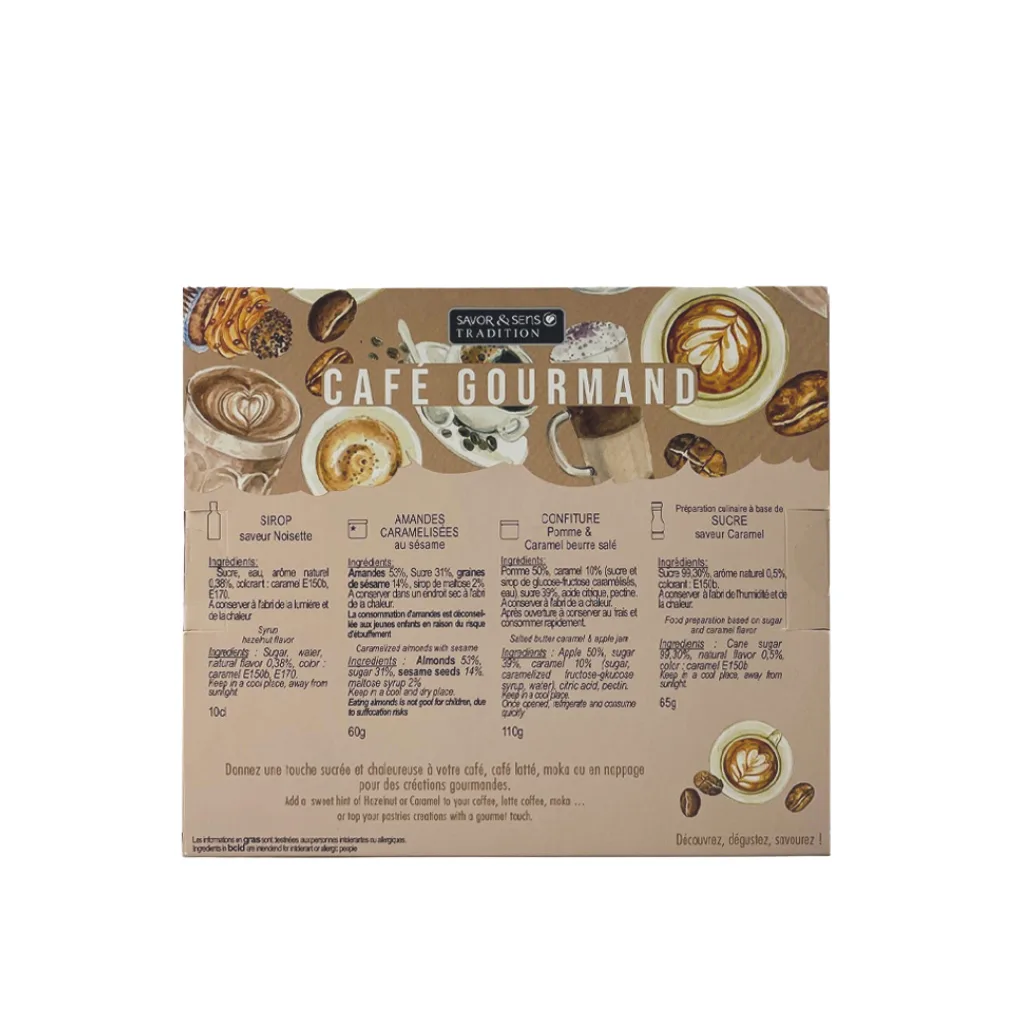 Coffret Savor & Sens autour du café avec sirop, sucre, confiture et amandes