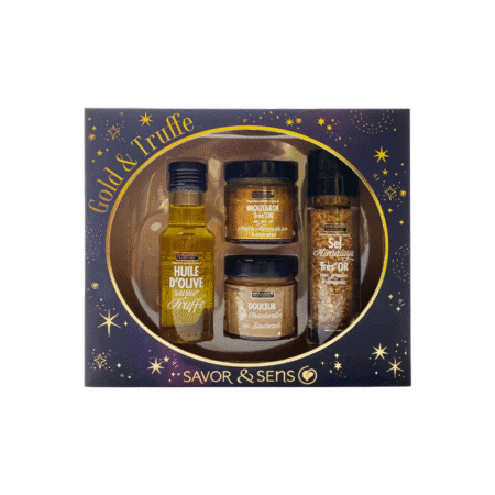 Huile, moutarde, sel doré et crème chanterelle du coffret Gold & Truffe