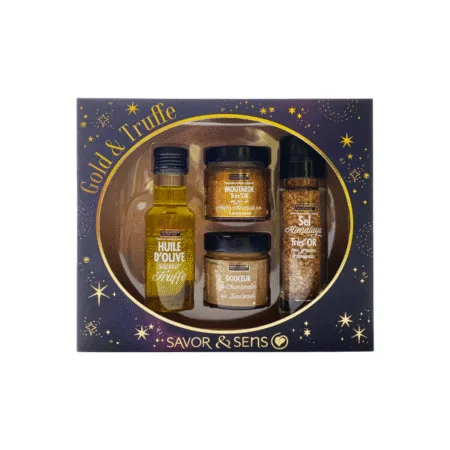 Huile, moutarde, sel doré et crème chanterelle du coffret Gold & Truffe