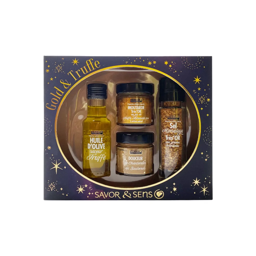 Huile, moutarde, sel doré et crème chanterelle du coffret Gold & Truffe