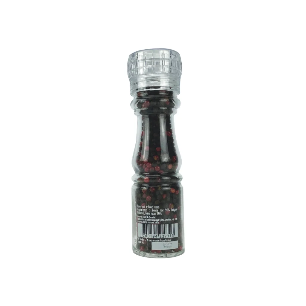 Poivre noir et baies roses visibles dans leur flacon 75g