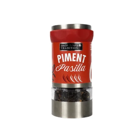 Moulin en verre contenant des flocons de piment Pasilla 12 g