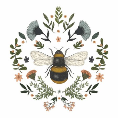 Serviettes 3 plis motif abeille centrale avec feuillage, fond blanc