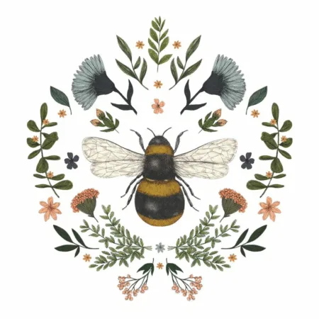 Serviettes 3 plis motif abeille centrale avec feuillage, fond blanc