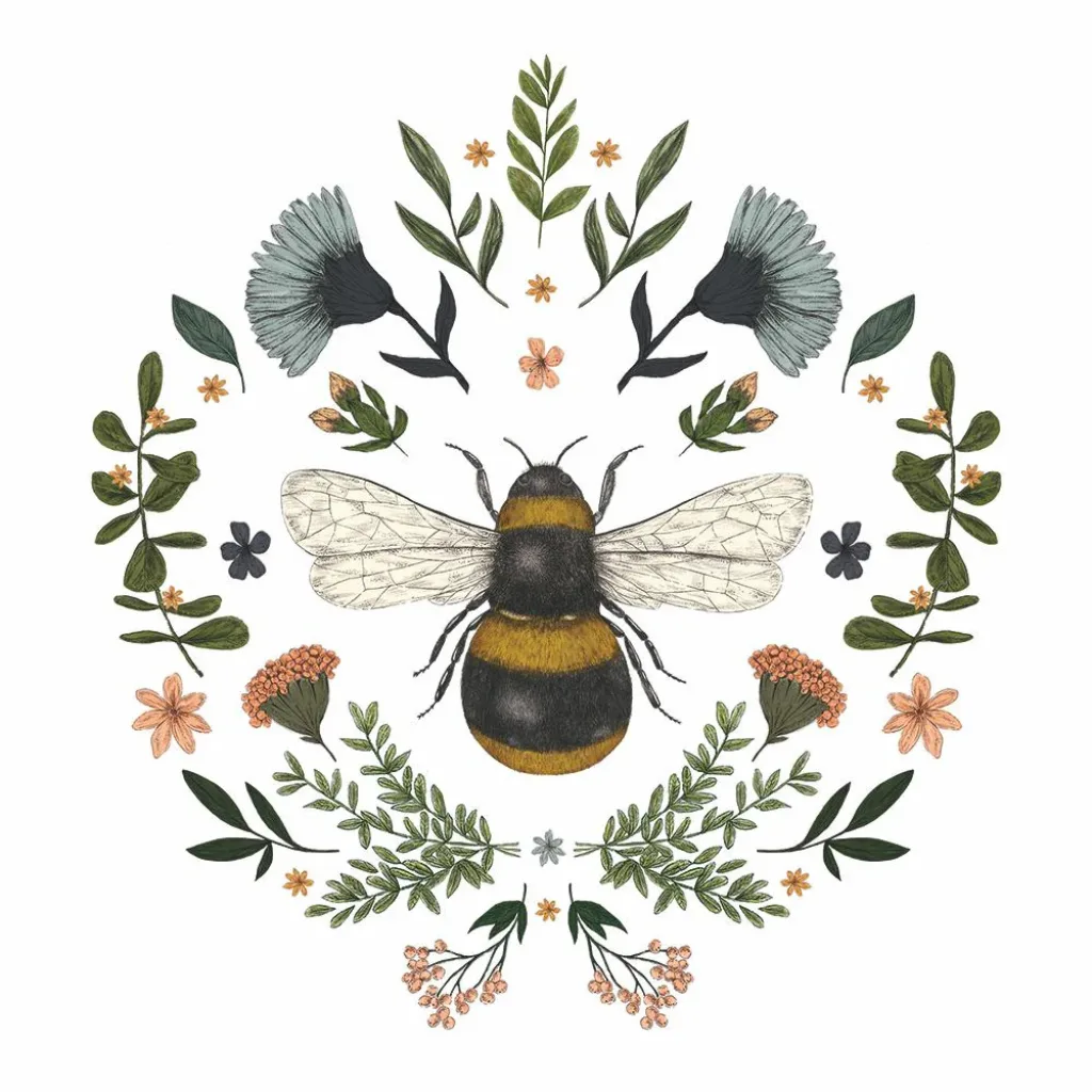 Serviettes 3 plis motif abeille centrale avec feuillage, fond blanc