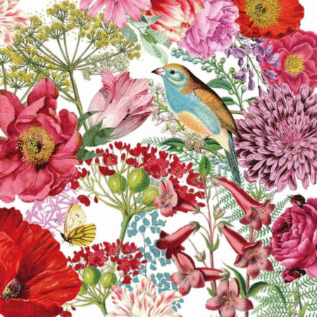 Serviettes 3 plis avec fleurs, papillon jaune et oiseau bleu sur fond blanc
