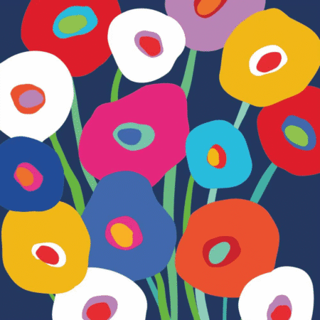 Serviettes en papier 3 plis avec coquelicots multicolores sur fond bleu nuit