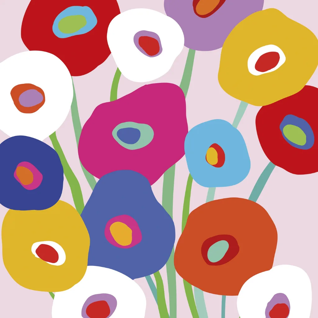 Serviettes 3 plis roses avec coquelicots multicolores