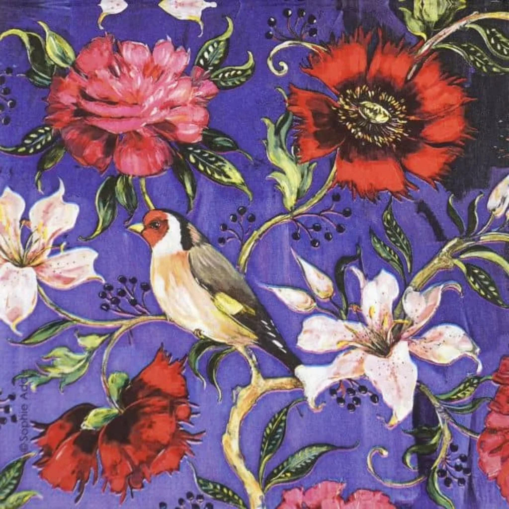 Serviette en papier 3 plis avec coquelicots, lys, pivoines et rouge-gorge sur fond violet