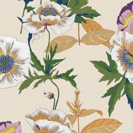 Serviettes en papier avec fleurs blanches cœur bleu, feuillage vert et doré sur fond beige