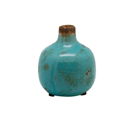 Vase rond en céramique bleu cyan, finition patinée et texturée