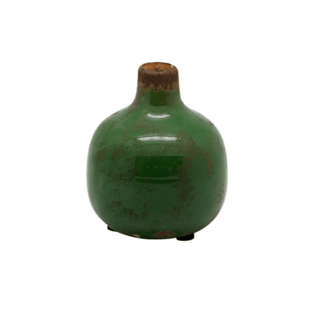 Vase en céramique vert olive, rond et texturé, finition patinée