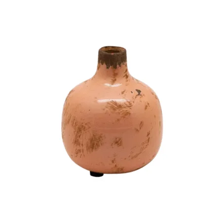 Vase rond en céramique vieux rose, texture patinée, ouverture de 9 cm
