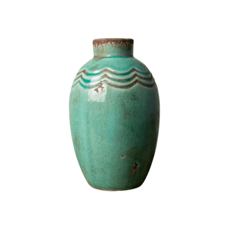 Petit vase CHEHOMA turquoise en céramique, finition patinée, vue de face 💬 Légende :