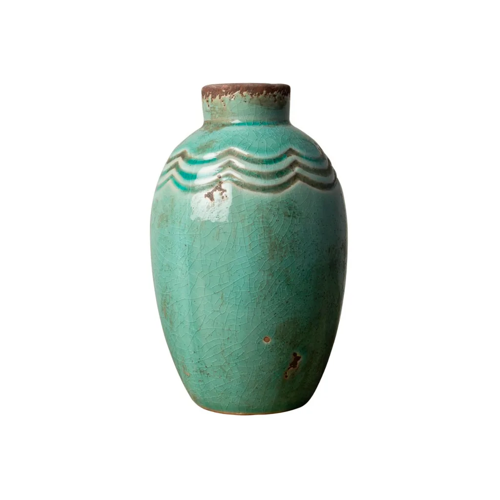 Petit vase CHEHOMA turquoise en céramique, finition patinée, vue de face 💬 Légende :