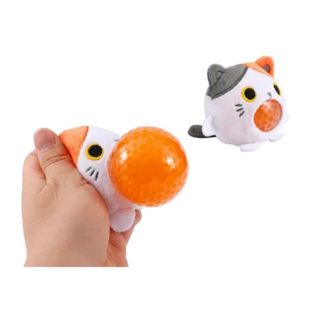 Squishy antistress en forme de chat calico avec boule orange extensible visible à la pression