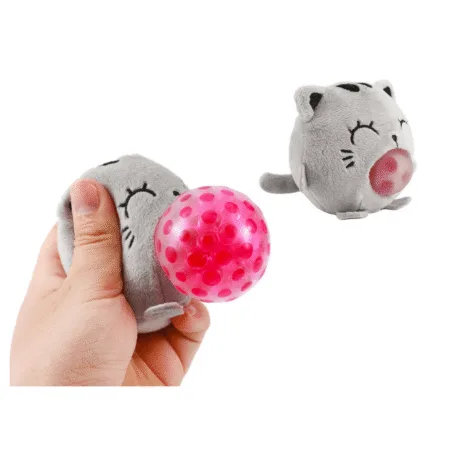 Squishy antistress en forme de chat gris avec boule rose extensible visible à la pression