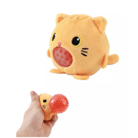 Squishy antistress en forme de chat roux avec boule orange extensible visible à la pression