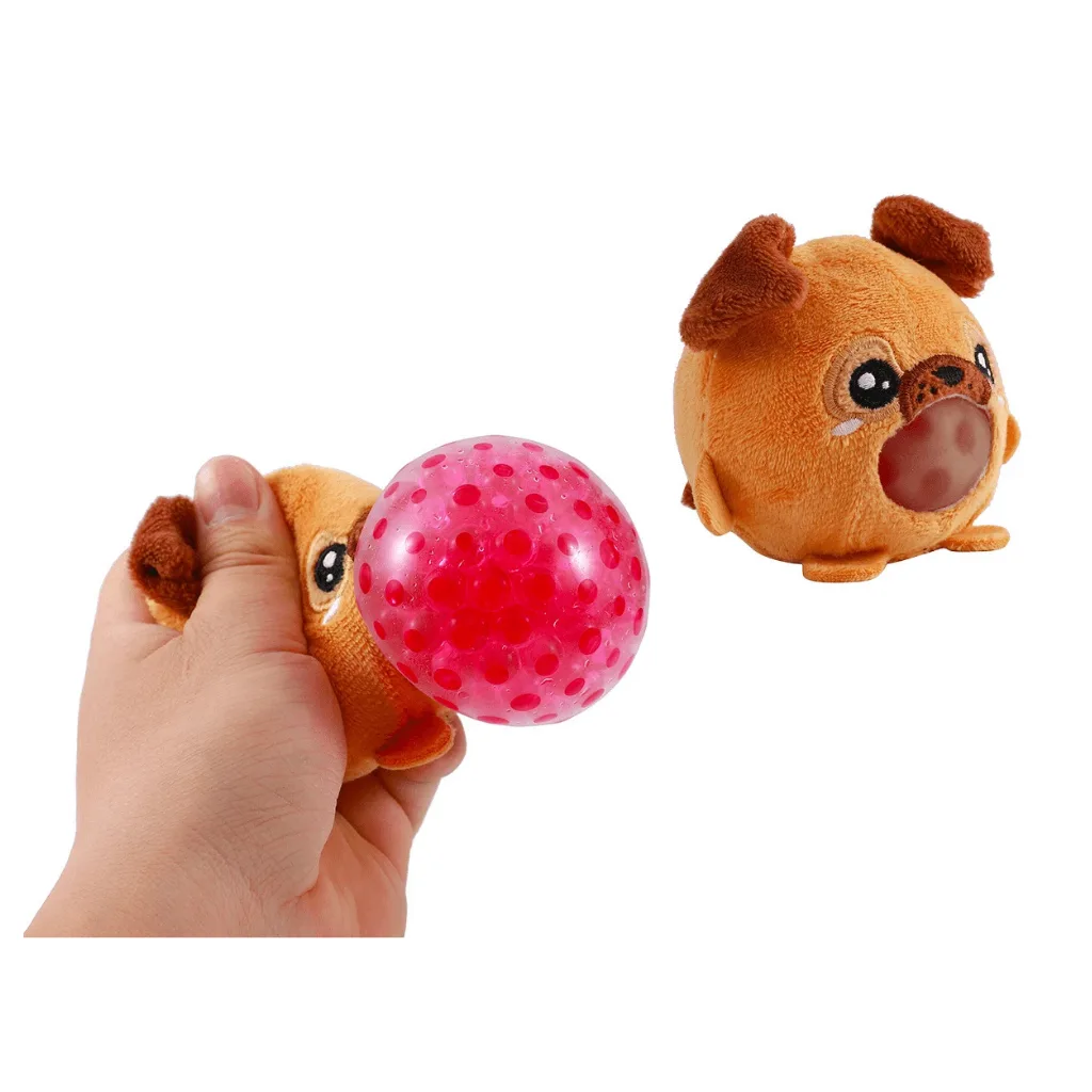 Balle squishy en forme de chien avec boule rose extensible visible Ă la pression