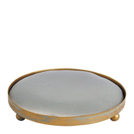 Plateau rond tapissier gris bleu Mathilde M vu de côté