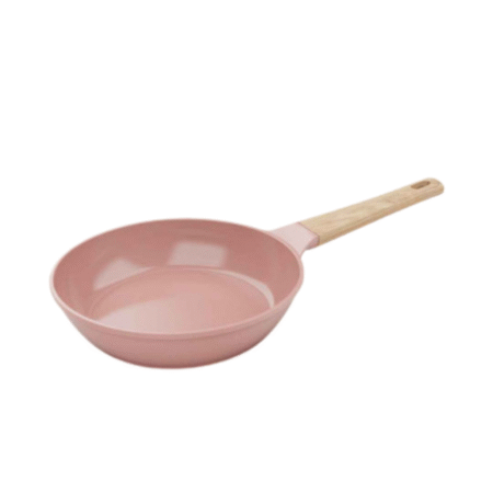 Vue du dessus de la poêle rose pastel Cookut Guimauve avec manche imitation bois