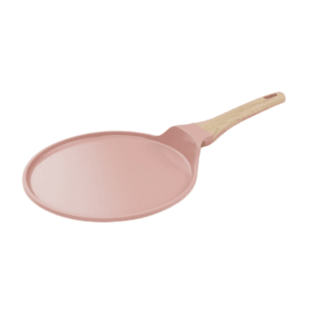 Vue du dessus de la poêle Cookut 26 cm rose pastel avec manche imitation bois