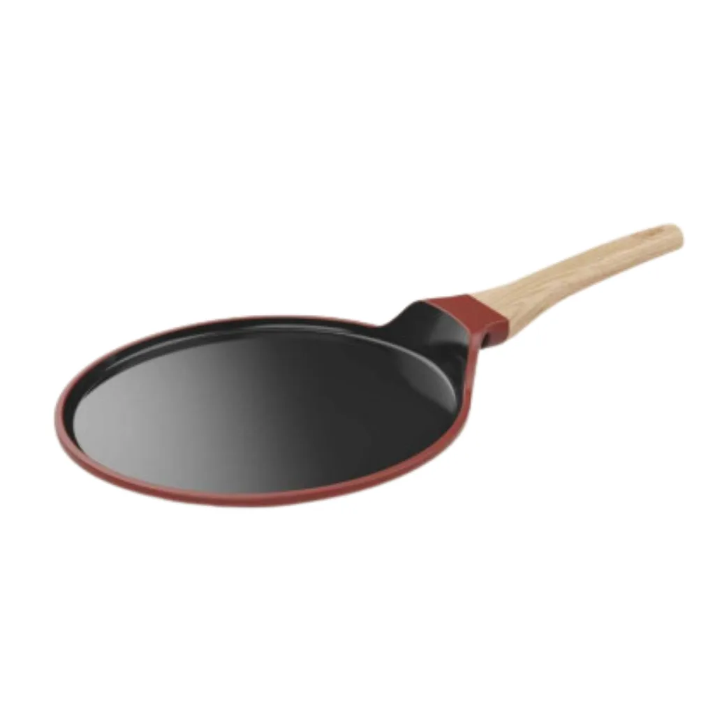 Vue du dessus de la poêle plancha Cookut rouge terra cota 26 cm avec manche imitation bois